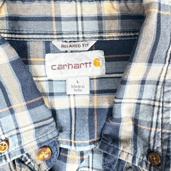 Carhartt Men’s L Blue Tan Plaid Long Sleeve Button Up Workwear Shirt - Picture 3 of 10